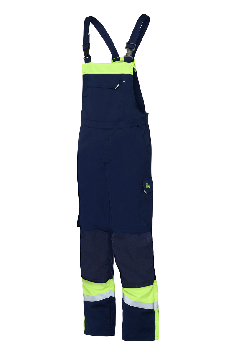 CWS Industry Comfort: Dungarees Darkblue/High Vis Yellow w. Reflective Stripes w. Kneepad Pockets view 2