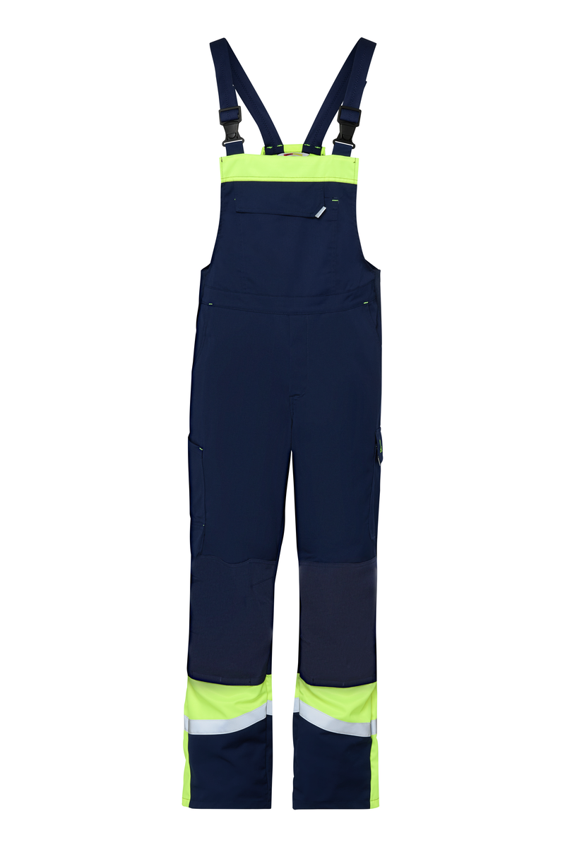 CWS Industry Comfort: Dungarees Darkblue/High Vis Yellow w. Reflective Stripes w. Kneepad Pockets view 3